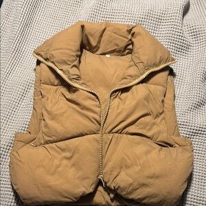 Tan Puffer Vest with High Collar and Quilted Design